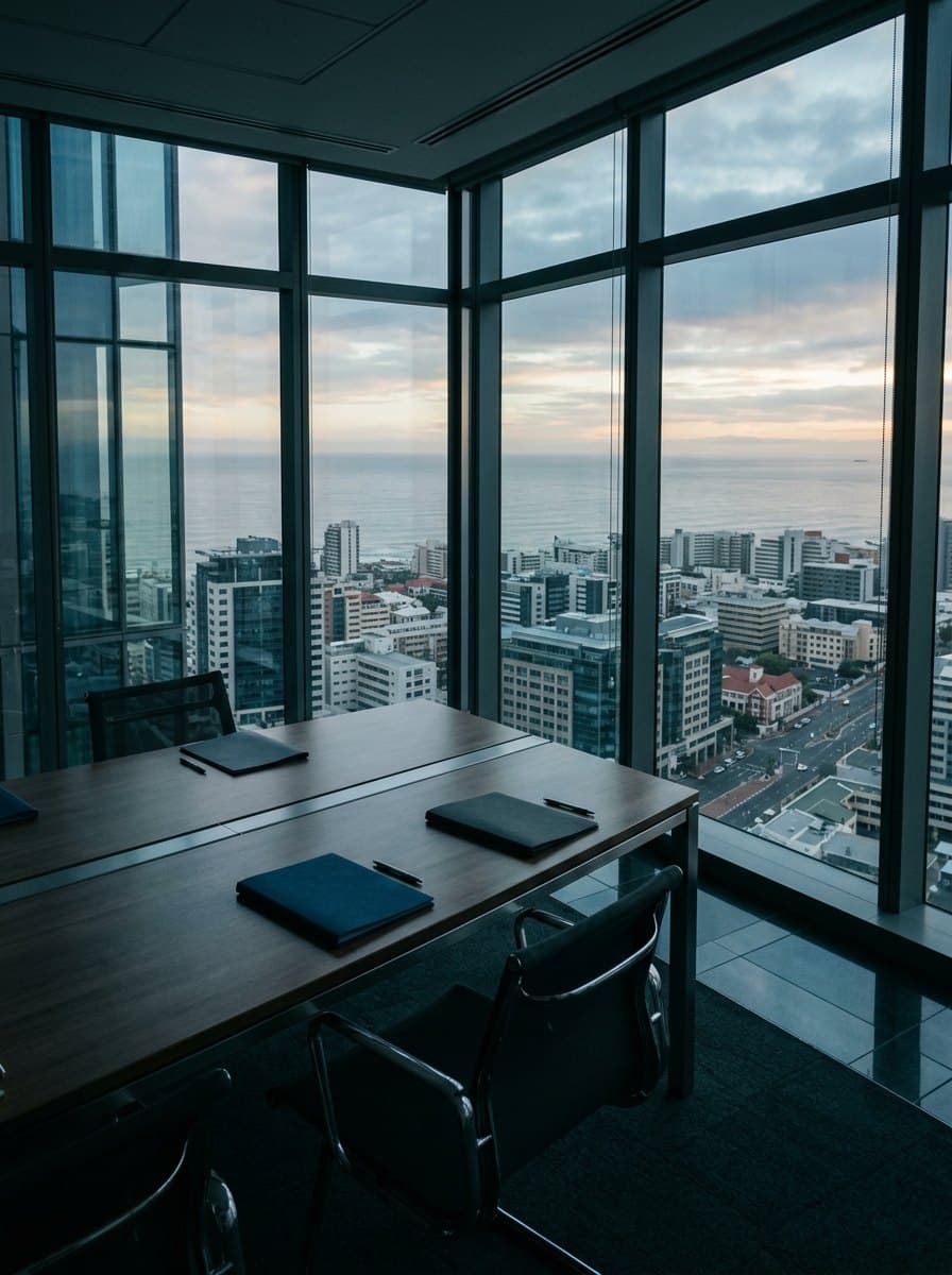 A quiet boardroom overlooking a coastal business district
