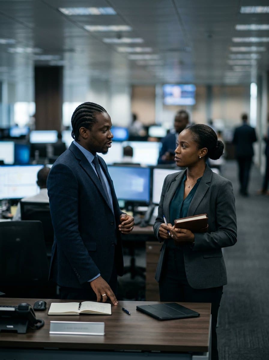 Bank treasury staff in conversation on a dealing floor