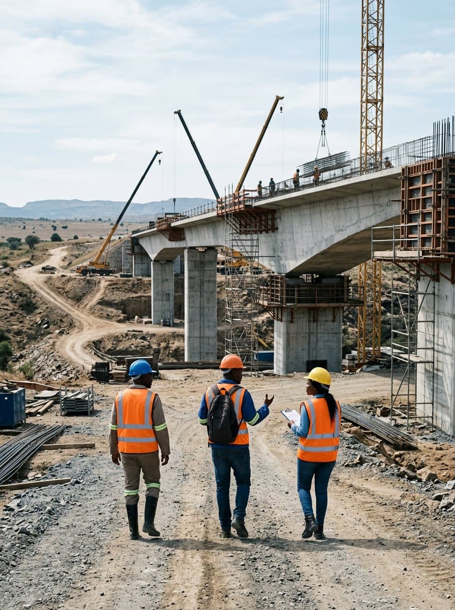 A sponsor team in hard hats on an infrastructure project site