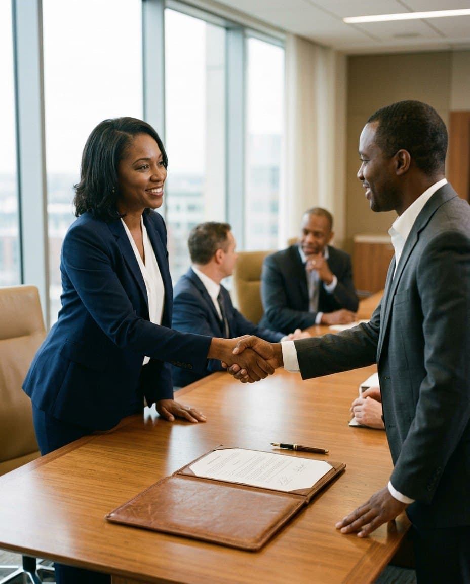 Two executives shaking hands across a boardroom table after signing an agreement