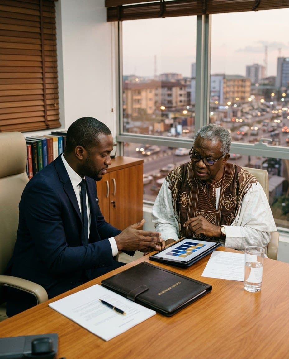 An adviser and a senior investor reviewing a portfolio report on a tablet