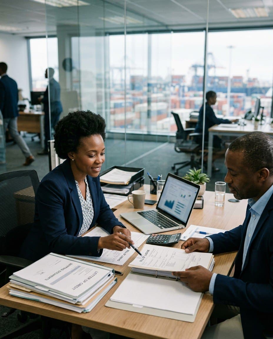 A relationship manager and an importer reviewing trade documents, with a port beyond the glass