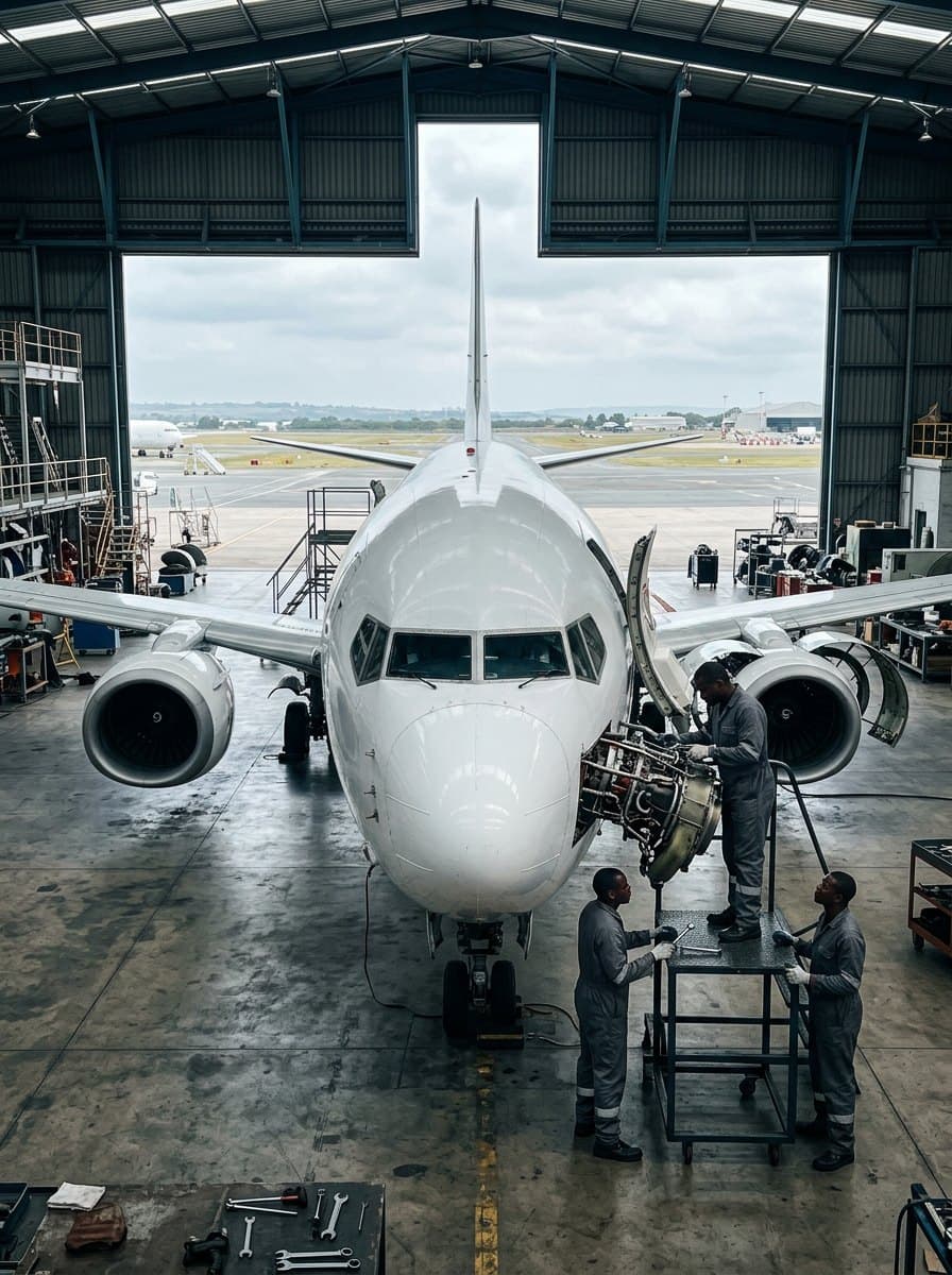 An aircraft in a maintenance hangar with technicians at work