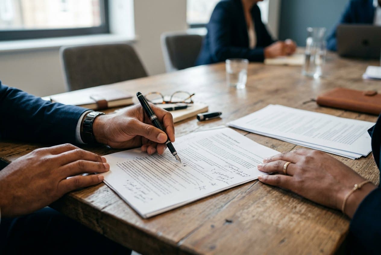 Hands annotating a term sheet